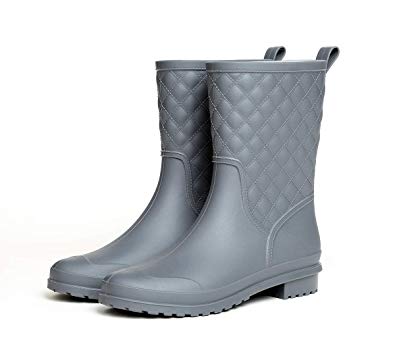 Rainy Show Women's Mid Calf Rain Boots Black Block Heel Outdoor Work Waterproof Garden Booties Wide Calf Rain Shoes