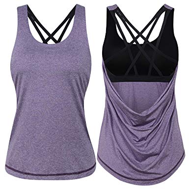 INIBUD Workout Tops for Women Strappy Activewear Clothes Built in Bra Tank for Yoga