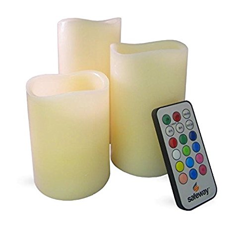 Safeway Candlelites - Set of 3 round LED Candle lights 4" 5" 6", Flameless, Color Changing With Flickering Flame, Smooth Wax-look High Performance With Remote Control Timer