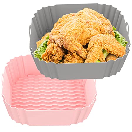 OUTXE 2-Pack Square Reusable Silicone Air Fryer Liners 8inch Pink  Grey