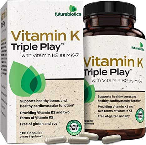 Futurebiotics Vitamin K Triple Play (Vitamin K2 MK7 / Vitamin K2 MK4 / Vitamin K1) Full Spectrum Complex Vitamin K Supplement, 180 Capsules