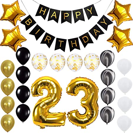 Happy 23rd Birthday Banner Balloons Set for 23 Years Old Birthday Party Decoration Supplies Gold Black