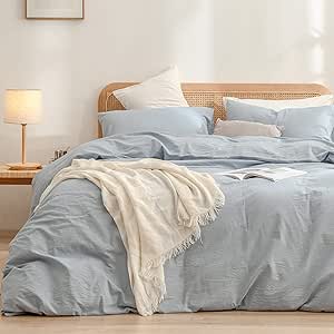 BESTOUCH Duvet Cover Set 100% Washed Cotton Linen Feel Super Soft Comfortable Chic Lightweight 3 PCs Home Bedding Set Solid Cornflower Blue Full/Double