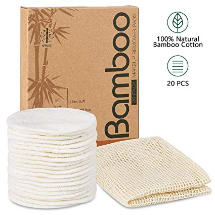 20 Packs Organic Reusable Makeup Remover Pads, Washable Eco-friendly Natural Bamboo Cotton Rounds for all skin types with Cotton Laundry Bag
