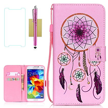 Galaxy S5 Case, S5 Case, Samsung Galaxy S5 Case, Uncle.Y Wallet Flip PU Leather Case Folio Protector Cover Case with Card Holder and Strap Case for Samsung Galaxy S5 I9600 (Dreamcatcher)
