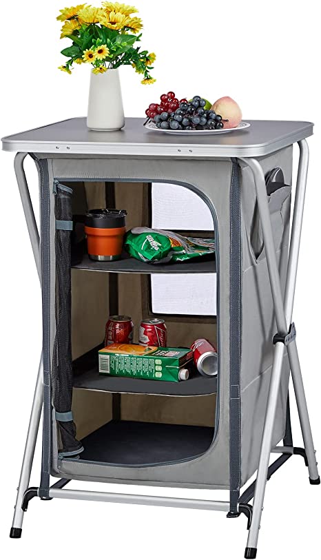 Portal Camping Storage Cupboard Camping Storage Unit Pop up Fodable Outdoor Camping Kitchen Stand 3 Shelf Folding Cabinet Organiser Lightweight Aluminum Frame Portable Compact