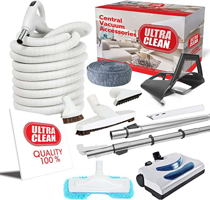 ULTRA CLEAN Central Vacuum Electric Accessory Kit - Dual Voltage 24V / 110V Hose with 3-way on/off Switch Handle- Electric Power Nozzle - Telescopic Wand With Deluxe Tool Set, Hose Cover, Dust Mop and Storage Tool Caddy (White, 30 ft)