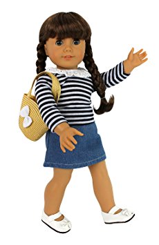 Casual School Outfit for American Girl Dolls: 4 Pc Clothes Set w Shirt, Skirt, Shoes, and Purse