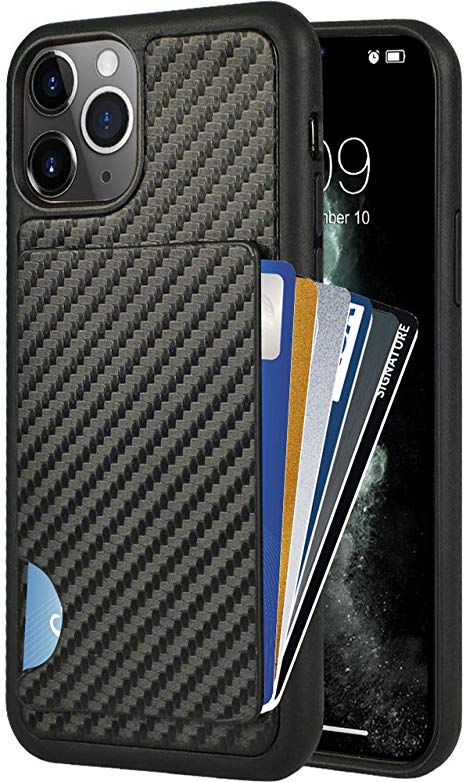 iPhone 11 Pro Wallet Case, iPhone 11 Pro Card Holder Case, ZVEdeng Credit Card Holder Card Clip Case Carbon Fiber Wallet Slim Card Grip Money Pocket Shockproof Case for Apple iPhone 11 Pro 5.8'' Black