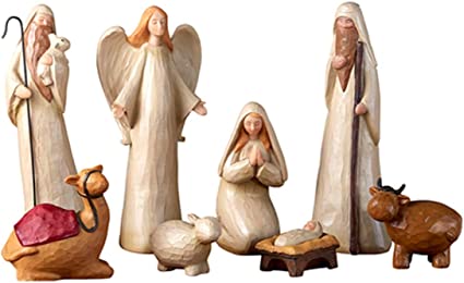 Wood Finish Christmas Nativity Scene Figures Set, 8 Piece Set
