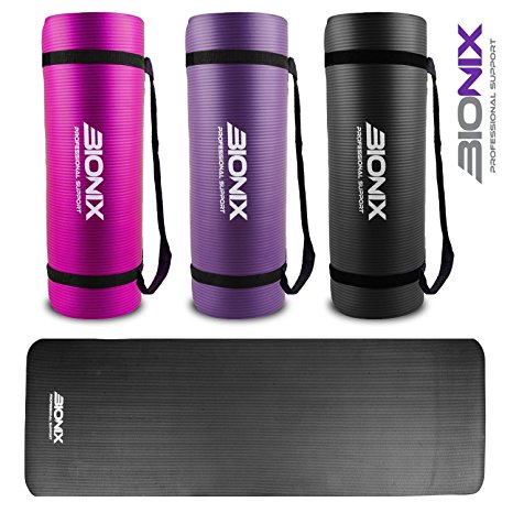 Bionix Large Padded Exercise Yoga Mat with Carry Handles - 15mm High Density 1350g Thick NBR Mats For Gymnastics Pilates Exercise Fitness Black / Purple