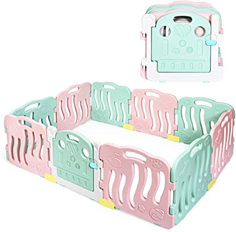 COSTWAY Baby Playpen, Activity Center Playard with Lockable Door, Non-Slip Foot Mats & Card Buckles, HDPE Adjustable Shape Toddler Fence for Indoor & Outdoor (Green & Pink)