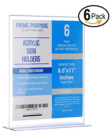 Acrylic Sign Holder 8.5 x 11 - Double Sided, Extra Thick Durable Quality, Photo, Menu, Ad Display, Set of 6