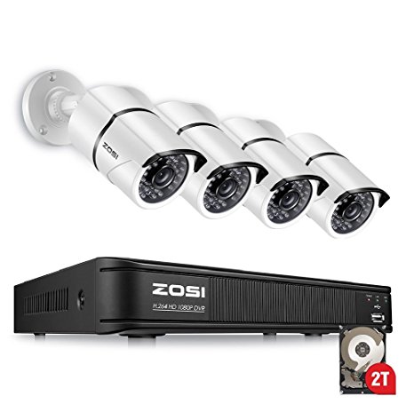 ZOSI Smart Home 1080P Security Camera System, 4 Weatherproof HD 1080p Cameras, 8 Channel HD-TVI DVR 2TB HDD, 100ft Night Vision