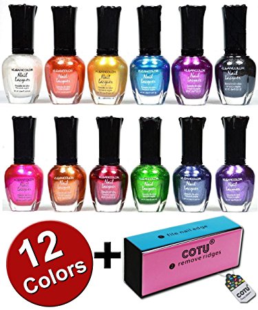 Kleancolor Nail Polish Awesome Metallic Full Size Lacquer Lot of 12 Set and COTU (R) Nail Buffer Block (1 pc)