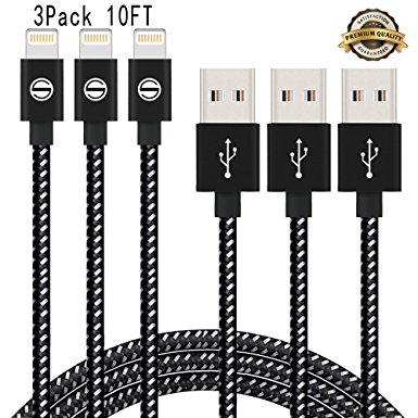 iPhone Cable SGIN 3Pack 10FT Charging Cord Nylon Braided 8 Pin to USB Lightning Charger for iPhone 7,SE,5,5s,6,6s,6 Plus,iPad Air,Mini,iPod,Compatible with iOS10(Black White)