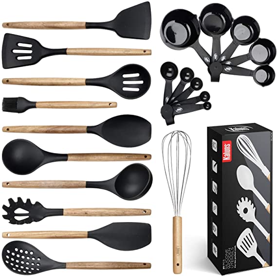Kitchen Utensils Set, 21 Wood and Silicone Cooking Utensil Set, Non-Stick and Heat Resistant Kitchen Utensil Set, Kitchen Tools (Black)