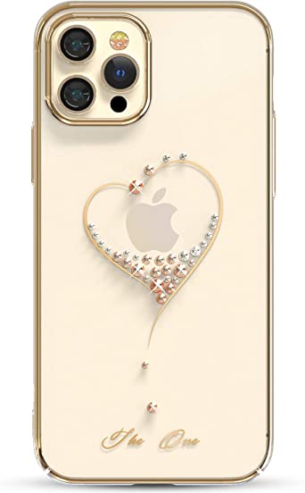KINGXBAR Luxury Heart Series Case Clear Protective Cover with Bling Crystals from Austria Compatible with Apple iPhone 12 Pro Max, 6.7 inch, Shockproof Gold Plated Hard PC Skin Covers for Women