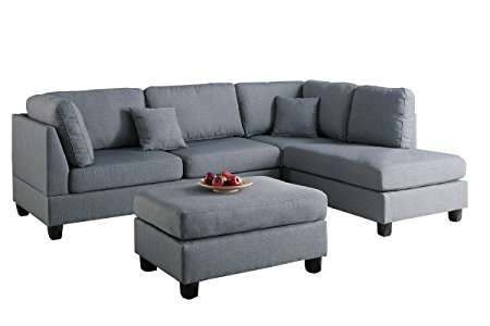 Poundex F7606 Bobkona Dervon Linen-Like Left or Right Hand Chaise Sectional with Ottoman Set, Grey