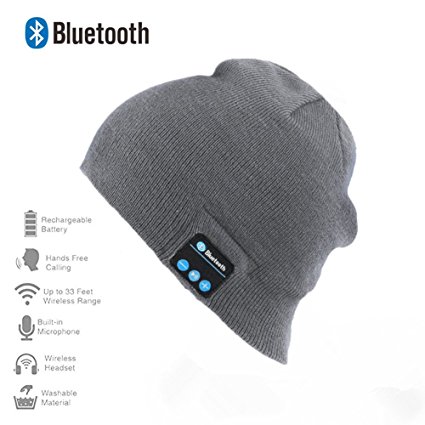 Happy-top® Bluetooth Music Soft Warm Beanie Hat Cap with Stereo Headphone Headset Speaker Wireless Mic Hands-free for Men Women Gift (Light Grey)