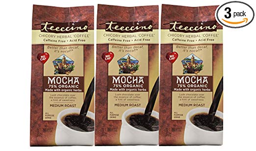 Teeccino Mocha Chicory Herbal Coffee Alternative, Caffeine Free, Acid Free, Coffee Substitute, Prebiotic, 11 Ounce (Pack of 3)