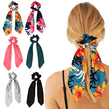 6Pcs Hair Scrunchies，PTSLKHN Satin Silk Hair Scrunchies and Chiffon with Flower Pattern Elastic Ponytail Hair Bands Hair Scarf, 2 in 1 Vintage Bowknot Hair Accessories for Women or Girls