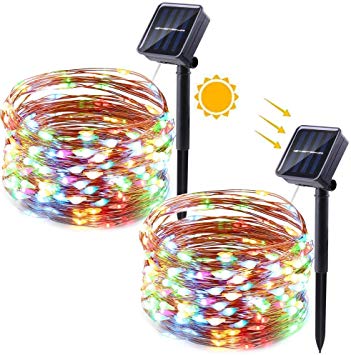 2 Packs Solar Christmas Lights - 100 LED 33ft 8 Modes Solar Fairy Lights - Waterproof Solar Copper Wire Outdoor String Lights for Garden, Party, Holiday, Xmas Tree Decor (Multicolor)