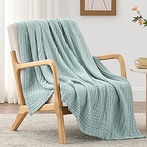 Love's cabin 6 Layer Cotton Muslin Blanket, 55"x80" Twin Muslin Blanket for Couch Bed, Cyan Muslin Throw Blanket, Cotton Gauze Blanket for Adult, Lightweight and Breathable Blanket All Season