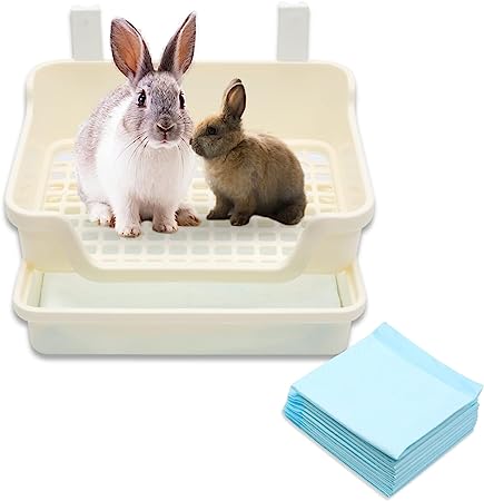 (Combo Pack) White Large Rabbit Litter Box with 10 Ultra Absorbent Pee Pads - 15.75”x11”x7.5” Bunny Litter Box with Deeper 3.5” Pan - Easy to Clean Snap-On Top, Smooth Plastic Grate, and Cage Hooks