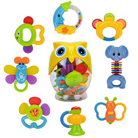 Teether Rattle Set Baby Toy - Happytime SLE84822 (2018 New Design)8pcs Latest Rattle & Teether Toys with Adorable Color in Owl Bottle Gift for Newborn Baby