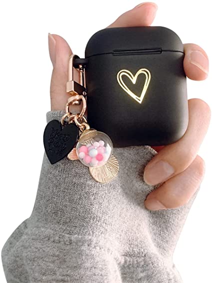 Ownest Compatible with AirPods Case Soft TPU with Gold Heart Pattern Cute Lucky Ball Keychain Shockproof Cover Case for Girls Woman Airpods 2 &1-Black