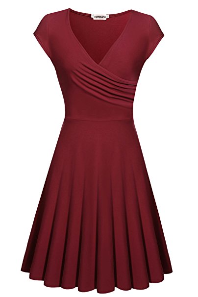 HOTOUCH Women's V-Neck Cap Sleeve Pleated Cocktail Party Dress (Multi-Color)