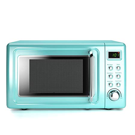 COSTWAY Retro Countertop Microwave Oven, 0.7Cu.ft, 700-Watt, Cold Rolled Steel Plate, 5 Micro Power, Delayed Start Function, with Glass Turntable & Viewing Window, LED Display, Child Lock (Green)