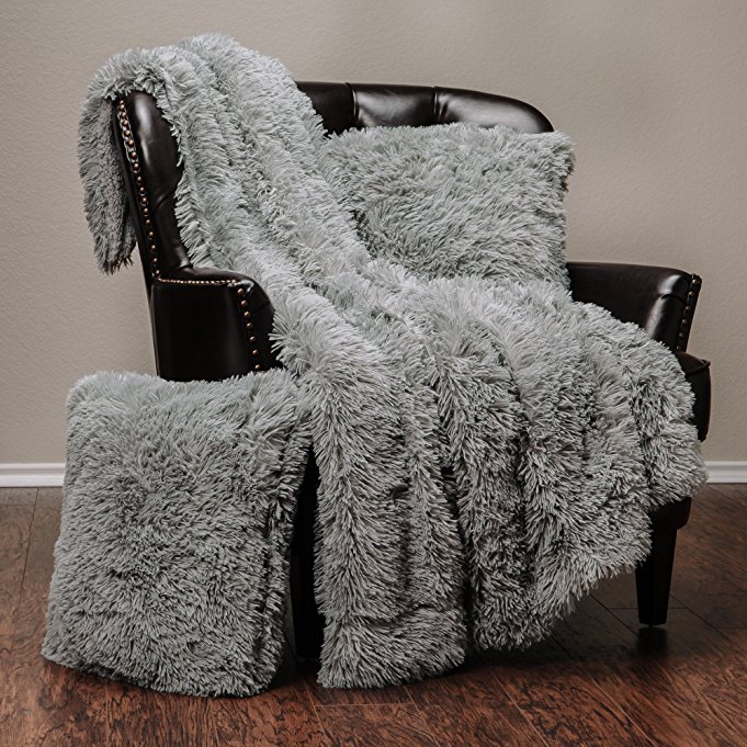 Chanasya Super Soft Long Shaggy Chic Fuzzy Fur Faux Fur Warm Elegant Cozy With Fluffy Sherpa Gray Microfiber Throw Blanket (50" x 65") & two Pillow Covers ( 18"x 18") Set