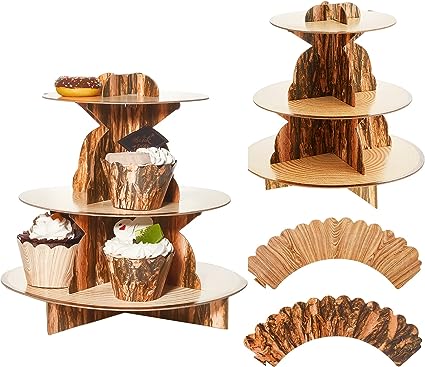 Cardboard Cupcake Stand Wood-grain 3-tier Cupcake Holder Lumberjack Theme Cake Tower Rustic Cup Cakes Display Trays, 24 Pieces Rustic Cupcake Liners Camping Cupcake Wrappers Woodsy Woodland Decoration