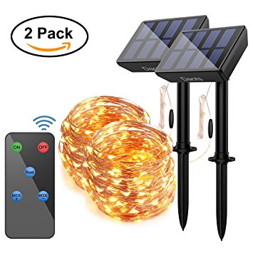 Solar Powered String Lights with Remote, 100 LEDs 33 ft Copper Wire 8 Modes Fairy Lights, Outdoor Waterproof Decorative Lights for Christmas Garden Patio Party Tree Decor, Warm White Light by DAOTS