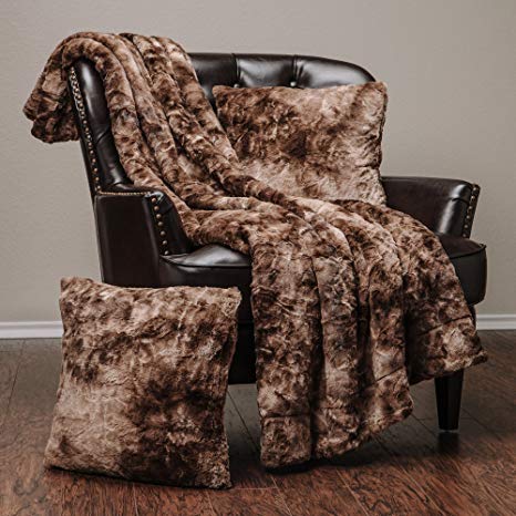 Chanasya 3-Piece Faux Fur Throw Blanket Pillow Cover Set - Super Soft Fuzzy Cozy Fluffy Plush Sherpa Throw (50" x 65") & 2 Throw Pillow Covers (18"x18") - for Couch Bed Chair Daybed - Chocolate