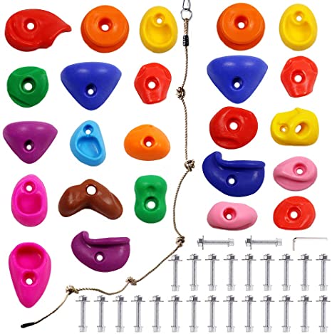 Newtion 25 Multi-Size Rock Climbing Holds for Kids and Adult,DIY Rock Climbing Holds Set with 25 Bolts,T-Nuts,Washers and 8 Foot Knotted Rope-Kids Indoor and Outdoor Play Set Use