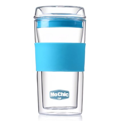 ARCCI Mochic Glass Reusable Coffee Cup (10 Oz, Double-Wall, Glass lid, Blue)