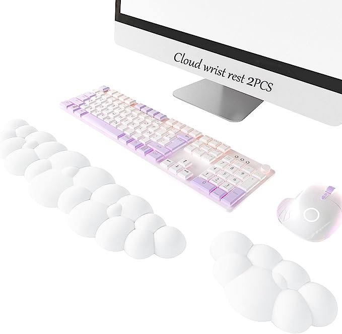 Keyboard Cloud Wrist Rest 2PCS, High Density Memory Foam Keyboard Palm Rest, Ergonomic Keyboard Pad Wrist Support for Pain Relief, Mouse Pad Rest Support for Office/Computer/Laptop/Gaming/Mac,White