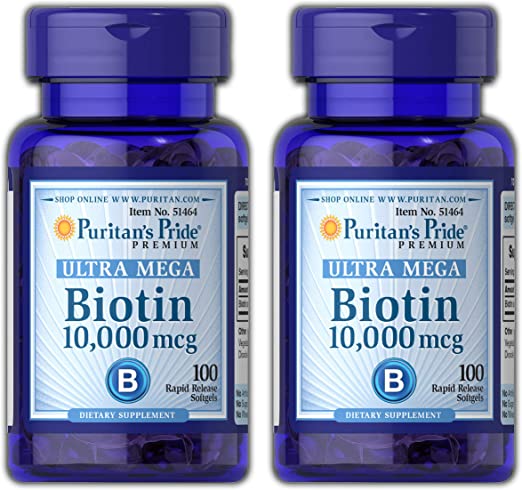 Puritan's Pride Biotin 10,000 mcg 100 Softgels - Pack of 2