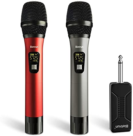 Wireless Microphone, UHF Wireless Dual Handheld Dynamic Mic System Set with Rechargeable Receiver, 260ft Range, 6.35mm(1/4'') Plug, for Karaoke, Voice Amplifier, PA System, Singing Machine, Church