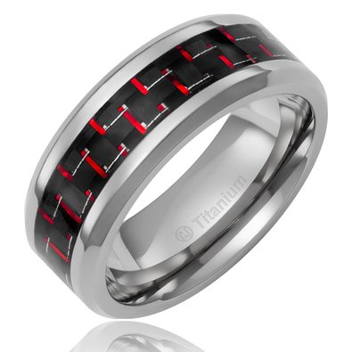 8MM Men's Titanium Ring Wedding Band with Black and Red Carbon Fiber Inlay and Beveled Edges