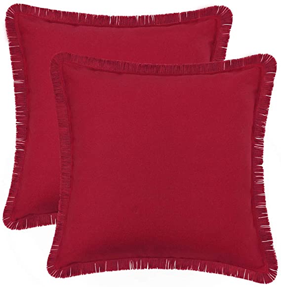 BRAWARM Pack of 2 Cotton Throw Pillow Covers Cases for Couch Sofa Home Decoration Solid Dyed Soft Canvas with Raw Edge 18 X 18 Inches Burgundy