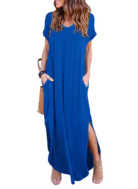 HUSKARY Women's Casual Pocket Beach Long Dress Short Sleeve Split Loose Maxi Dress