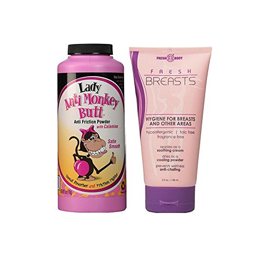 NO SWEAT BUNDLE! Lady Anti-Monkey Butt Powder (6oz) AND Fresh Breasts Lotion, The Solution for Women (5 OZ tube)