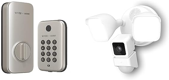 Wyze Lock Bolt Satin Nickel, Fingerprint Keyless Entry Door Lock, Smart Bluetooth Deadbolt Replacement & Schedules, Auto-Lock, BHMA, UL 20-Min Fire Rated & Cam Floodlight with 2600 Lumen LEDs