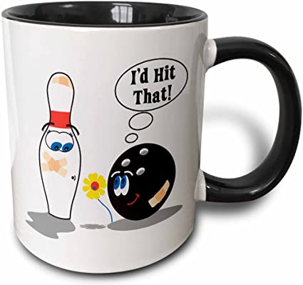 3dRose Id Hit Ball Thinks to Pin Bowling Humor Sports Design Two Tone Mug, 11 oz, Black/White