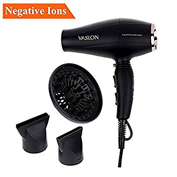 VASLON 1875W AC Salon Grade Professional Tourmaline Ceramic and Ionic Negative Ions Hair Dryer With 3 Heat 2 Speed With Cool Shot Button ,Attachments Include Two Concentrators & Diffuser ,Black