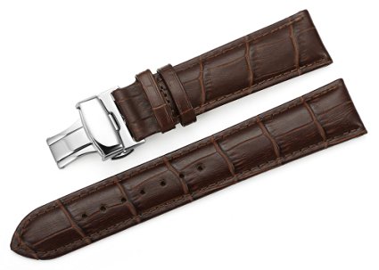 iStrap 20mm Croco Calf Leather Replacement Watch Band Strap w/ Push Button Deployment Clasp Brown
